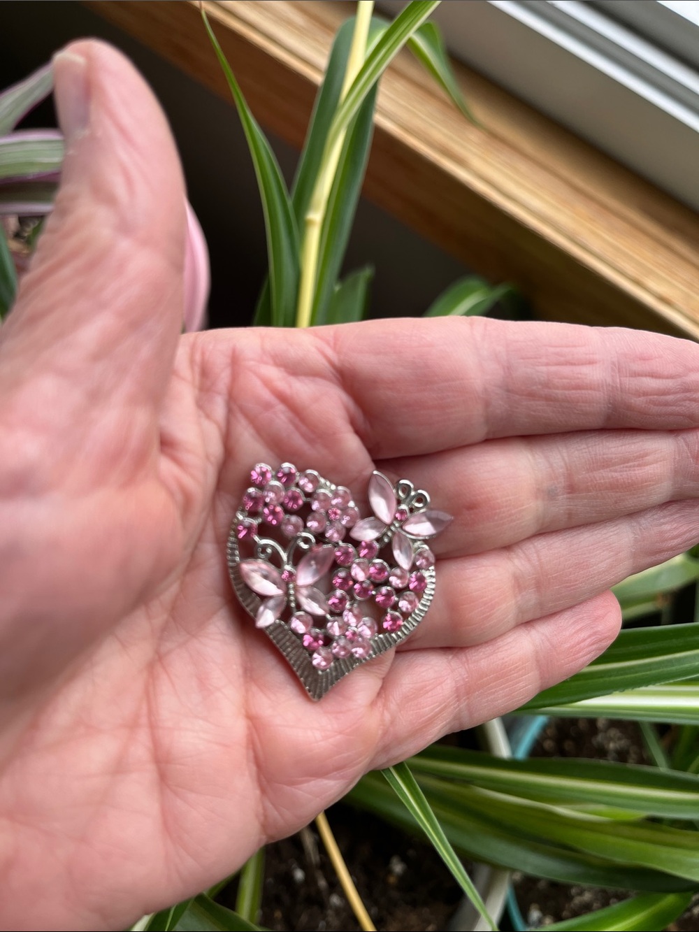 Heart & Butterflies Brooch Pin Pink Rhinestones Silver Tone Metal Spring Summer